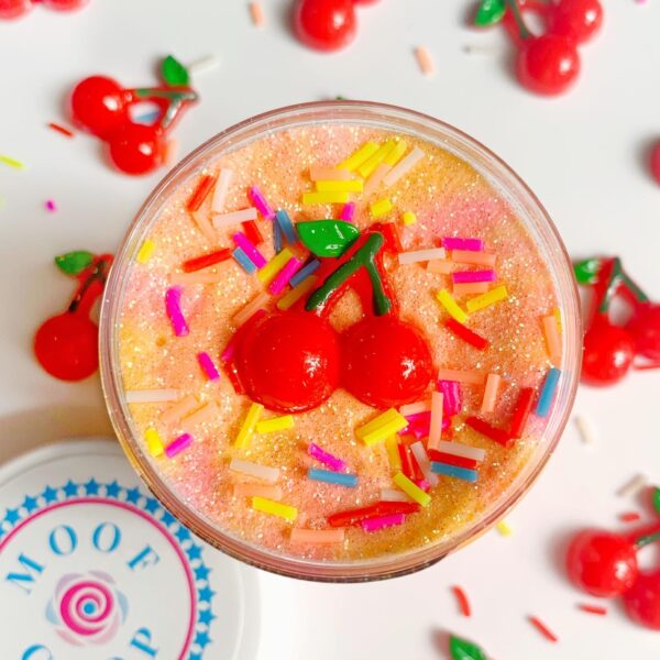 Rainbow Sherbet is a fizzy and soft cloud creme slime scented like raspberry, orange and lemon. It is swirled with orange, pink and white slime! The slime is then topped with pink iridescent glitter, rainbow sprinkles and an adorable cherry charm.